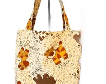 Toddler Tote Bag with Baby Tigers, Elephants, Zebras and Giraffes on a Mustard Color Background.  10" Tall, 11" Wide and 3" Deep.