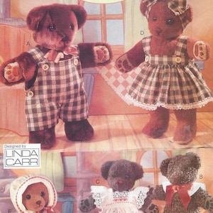 May include: A Vogue Craft pattern featuring several teddy bears. One bear wears plaid overalls, another a plaid dress, and others wear dresses and bonnets. The bears are brown and tan, with various outfits.