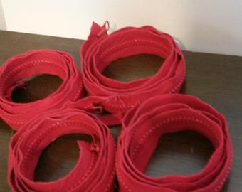 Lot of Six 36" Christmas Red 2-Way Separating Zippers; YKK, #10, Molded, Heavy Duty.