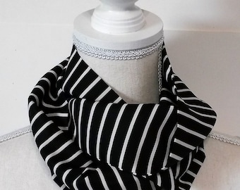 Women's Black and White Stripe Infinity Scarf is Striking,  44 Inches  Long, 7 Inch Wide