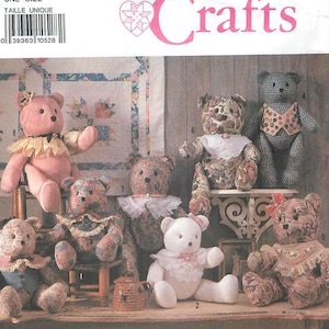 May include: Simplicity Crafts pattern 9894 for stuffed teddy bears. The image displays eight fabric bears in various floral, gingham, and solid colors, featuring decorative lace collars, vests, and bows, arranged on a wooden table.