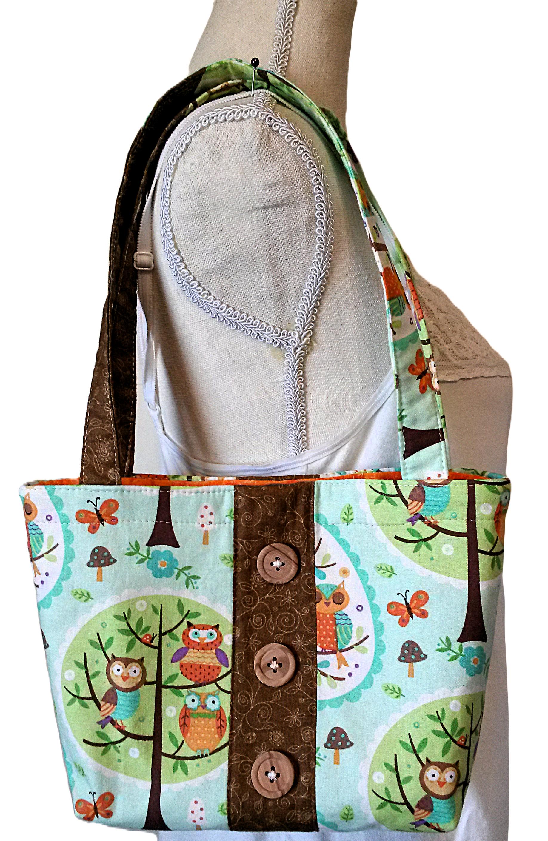Little Owls Tote Bag with Front and Back Vertical Brown Band, 10 x 7.5" with 3" Depth. To