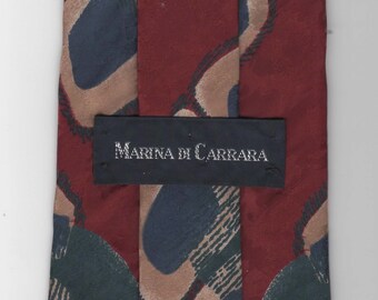 Men's Necktie, "Marina di Carrara", Burgundy w/ Navy Blue and Gold Abstract Design, 100% Silk, 56" Long, 3.75" Wide, Made in the USA.