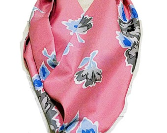 Women's Long Infinity Scarf, Pink with Large Blue and Gray Flowers for Spring and Summer, 56-60" Long, 6" Wide.