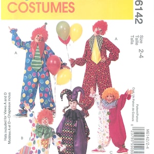 May include: McCall's Costumes sewing pattern for clown outfits. The pattern includes instructions for several clown costumes, each with a different design. The costumes feature colorful polka dots, checkered patterns, and ruffled collars. Size 2-4.