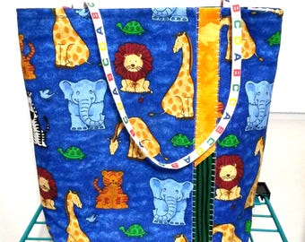 Reversible Tote Bag,  Featuring Lions, Tigers, Elephants, Zebras, Giraffes and Turtles on Dark Blue Denim.