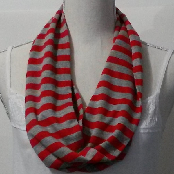 Women's Red and Gray Stripe Jersey Infinity Scarf,  70 Inches Long, 9.5 Inches Wide