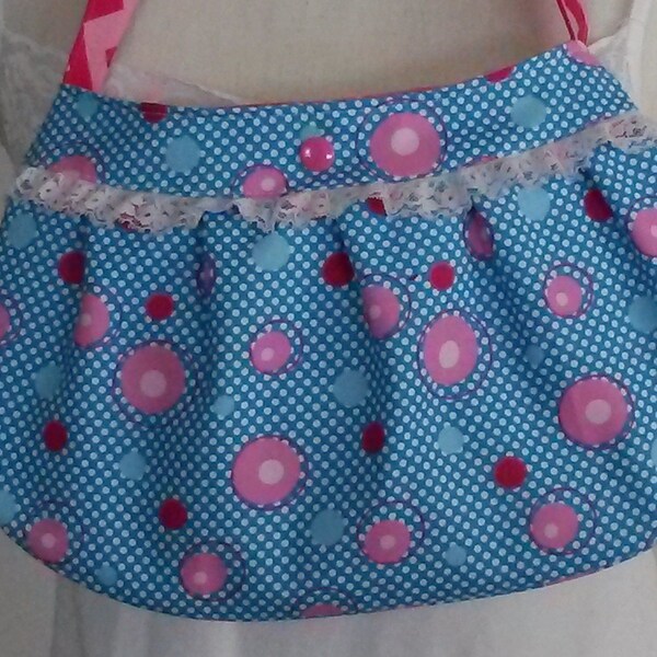 Little Girl's Purse Using Buttercup Pattern, Blue with Pink, Blue and Darker Pink Circles  and Scattered White Polka Dots