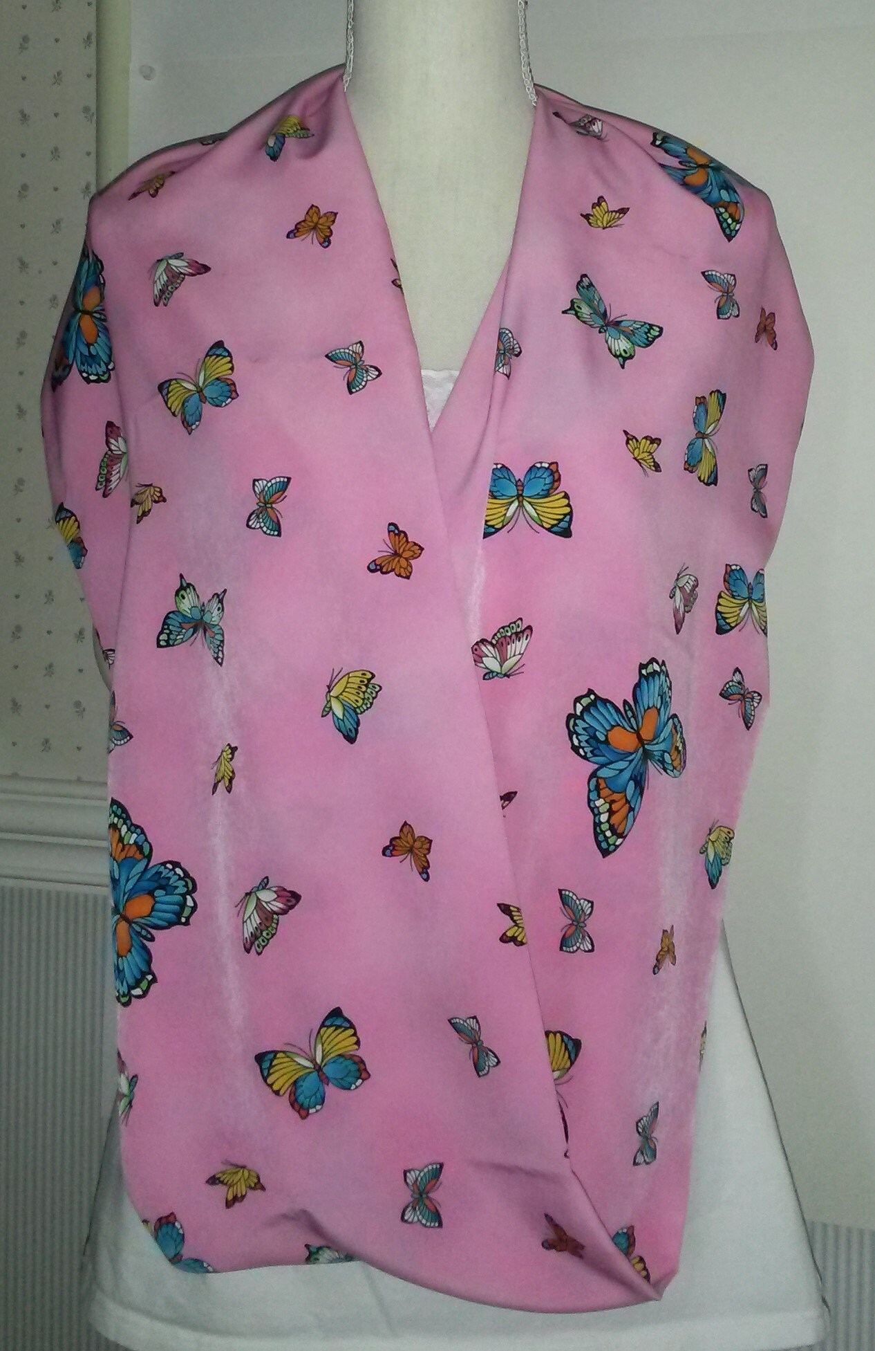 Women's Pink Infinity Scarf For the Butterfly Lover, 60" Long, 10" Wide.  Buyer May Request Scarf Be Shortened.
