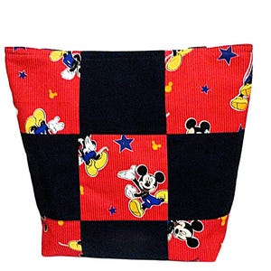 Mickey Mouse Tote Bag, Patchwork Red and Blue. 2 Bags with Red and Blue Mickey Fabric, 1 Bag with Mickey in Red Fabric and Solid Blue. 13x13