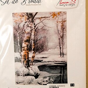 May include: A cross-stitch kit depicting a winter scene with birch trees, a snow-covered river, and a muted colour scheme. The kit includes the text "IARNA ЗИМА / THE WINTER" and "Winter Birches".
