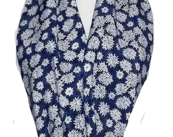 Navy Blue with White Flowers, Women's Infinity Scarf . 48" Long, 7.5" Wide. Buyer May Request Scarf be Shortened.