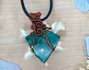 One of a Kind Stone and Bone Pendant ~ Coyote Bone and Malachite Amulet ~ Unique Crystal and Real Animal Bone Talisman