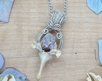 Unique Opal and Animal Bone Pendant - Ethically Sourced Real Raccoon Vertebrae and Gemstone Amulet ~  Protection, Happiness Talisman