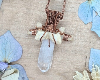 Clear Quartz Crystal and Animal Bone 'Sword' Pendant ~ Clear Quartz and Raccoon Vertebrae Talisman ~ Real Animal Bone and Crystal Amulet