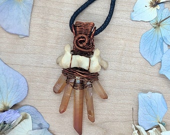 Stone and Bone Amulet ~ Champagne Aura Quartz and Real Raccoon Bone Pendant ~ Ethically Sourced Animal Bones ~ Protection, Cleansing