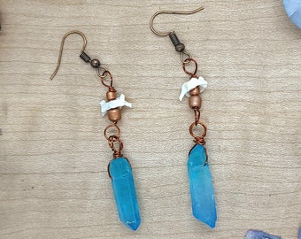 Stone and Bone Earrings ~ Ethically Sourced Mouse Bone and Blue Aqua Aura Crystal Earrings ~ Unique Dangle Earring