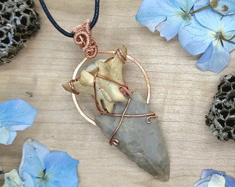 Rock Dagger and Coyote Bone Amulet ~ Real Ethically Sourced Animal Bone and Stone Arrowhead Pendant ~ Unique Stone and Bone Talisman
