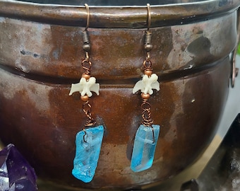 Stone and Bone Earrings ~ Ethically Sourced Mouse Bone and Blue Aqua Aura Crystal Earrings ~ Unique Dangle Earring