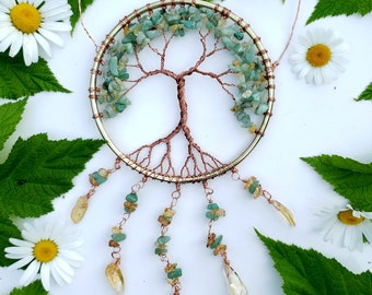 Tree of Abundance ~ LARGE SIZE ~ Green Aventurine and Citrine Tree of Life Sun catcher/ Dream Catcher ~ Good Luck, Wealth, Adventure