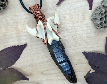 Smokey Quartz Crystal and Animal Bone 'Sword' Pendant ~ Clear Quartz and Coyote Vertebrae Talisman ~ Real Animal Bone and Crystal Amulet