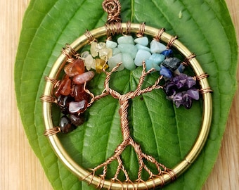 Handmade Rainbow Tree of Life Pendant ~ Chakra Tree Amulet ~ Genuine Gemstone Tree of Life Pendant