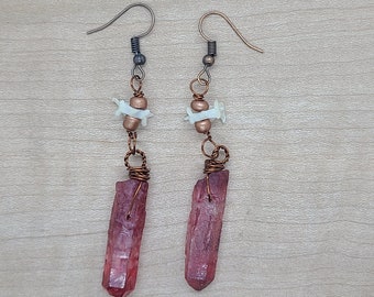 Stone and Bone Earrings ~ Ethically Sourced Mouse Bone and Red Ruby Aura Crystal Earrings ~ Unique Dangle Earring