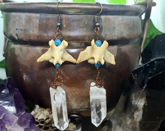 Gemstone and Bone Earrings ~ Real Coyote Bone, Apatite and Clear Quartz Aura Crystal Earrings ~ Unique Dangle Earrings