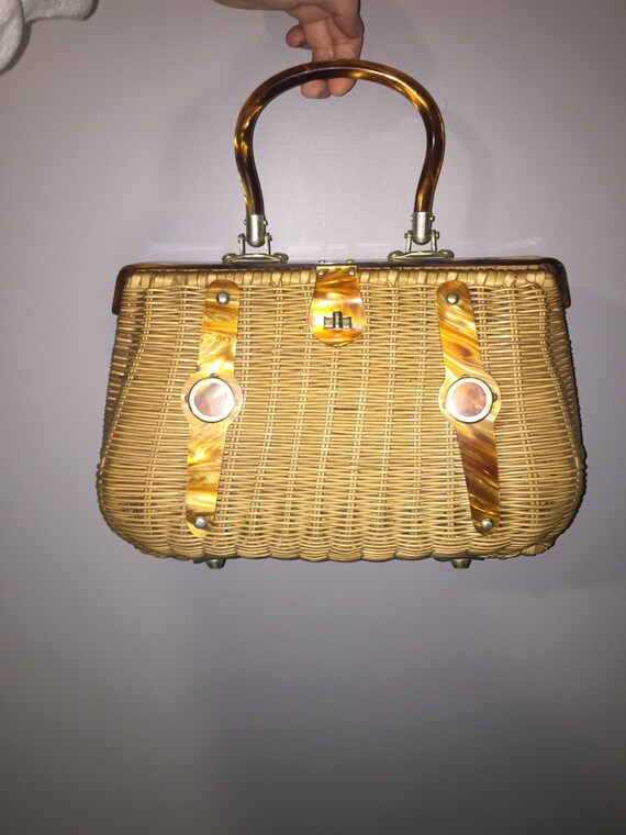 1960's Wicker and tortoise shell lucite purse