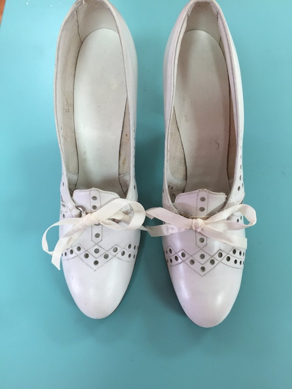 1930's white cutout lace up heels