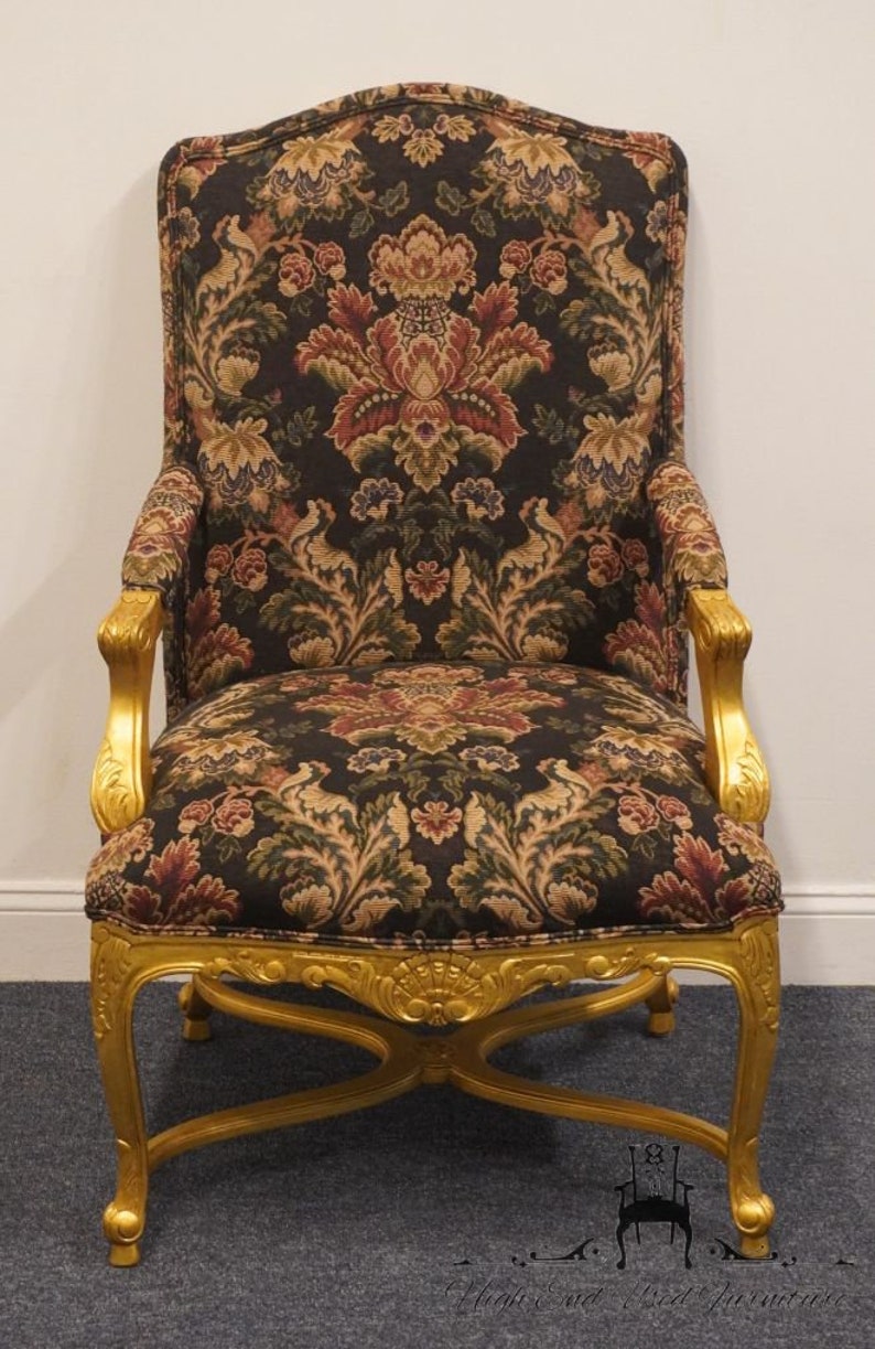 HENREDON FURNITURE Louis XV French Provincial Floral Upholstered Accent Arm Chair w. Gold Painted Frame image 3