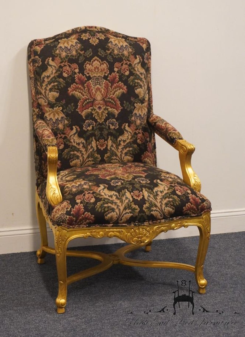 HENREDON FURNITURE Louis XV French Provincial Floral Upholstered Accent Arm Chair w. Gold Painted Frame image 4