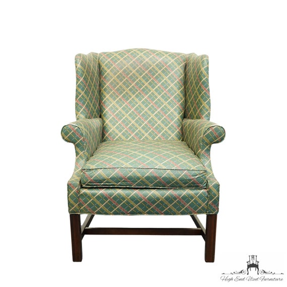 FREDERICK EDWARD Green Plaid Upholstered Accent Wingback Arm Chair