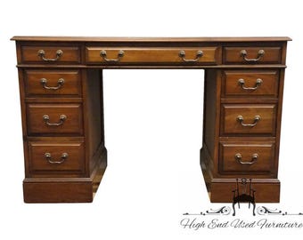 SLIGH LOWRY Solid Pine Early American Country Style 46" Double Pedestal Writing Desk w. Tooled Leather Top
