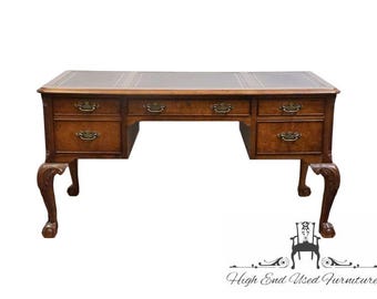 HEKMAN FURNITURE Solid Walnut Traditional Chippendale Style 58" Writing Desk w. Tooled Leather Top