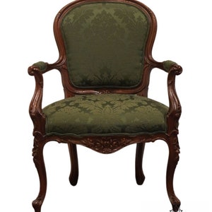 VINTAGE Louis XV Country French Provincial Fauteuil Accent Arm Chair w. Green Damask Upholstery