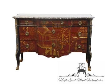 MAITLAND SMITH Asian Chinoiserie Inspired Louis XV 50" Red & Gold Lacquered Three Drawer Chest w. Granite Top