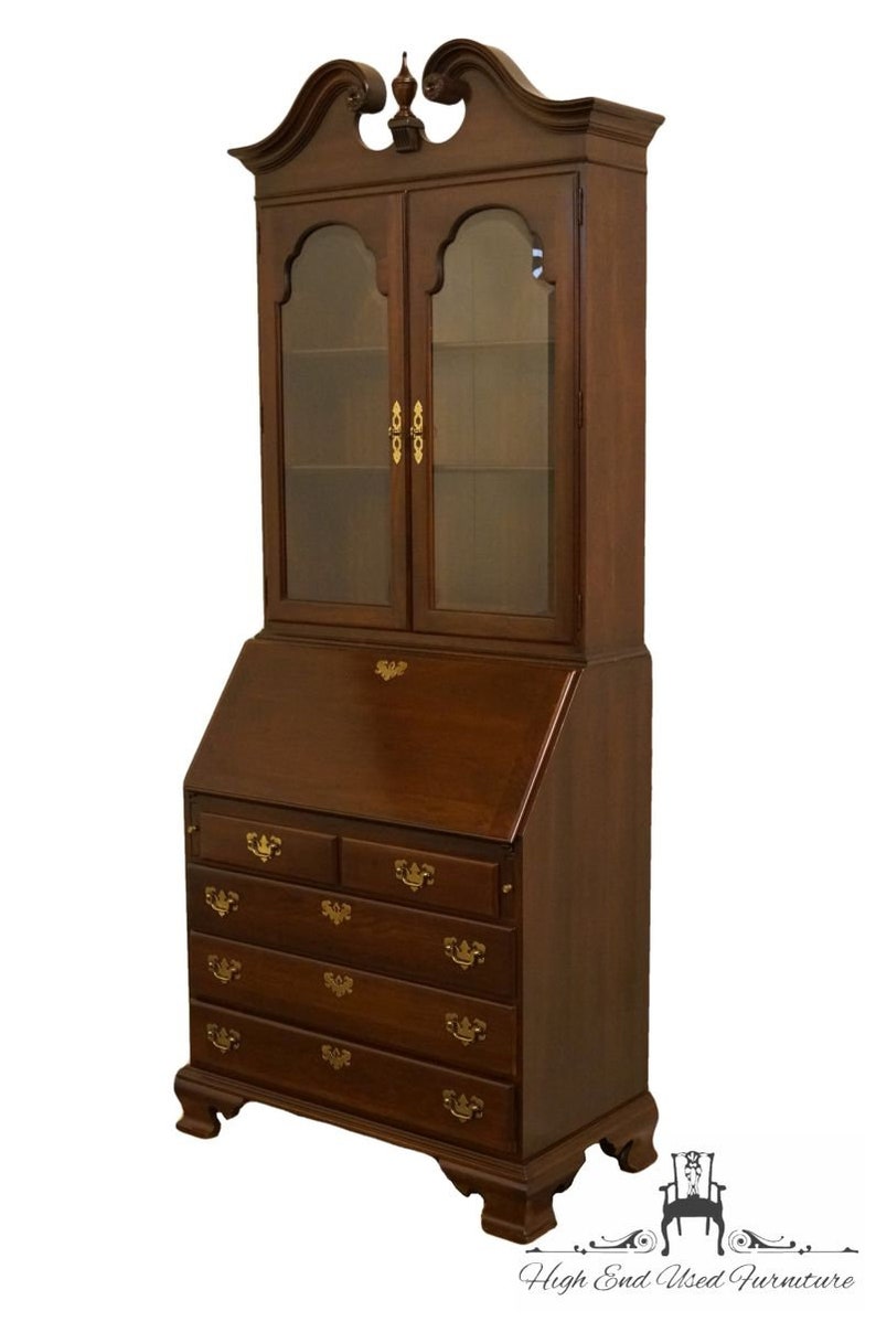 Ethan Allen Georgian Court Drop Front Secretary W Bookcase Display Cabinet 11 9223 9224 225 Vintage Finish