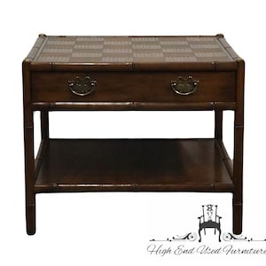 HENREDON Solid Walnut Asian Contemporary Faux Bamboo 27&quot; Square Accent End Table