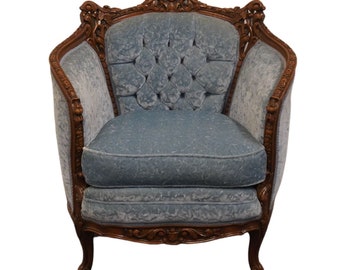 VINTAGE ANTIQUE Rococo Traditional Victorian Style Powder Blue Crushed Velvet Accent Parlor Arm Chair