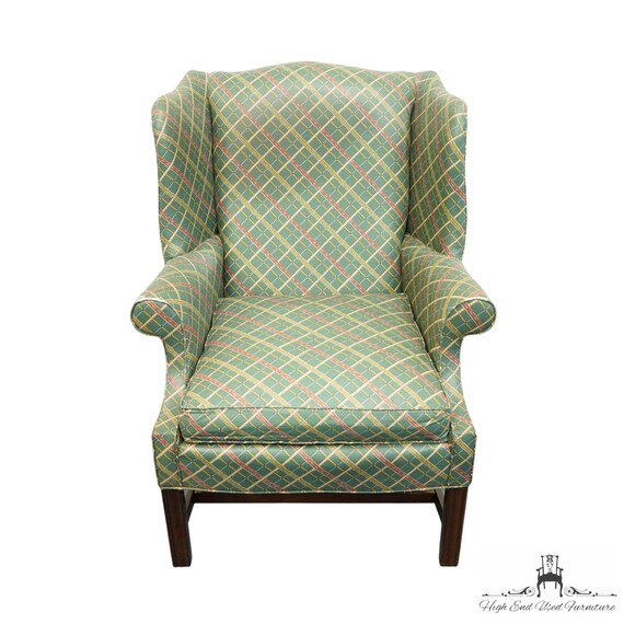 FREDERICK EDWARD Green Plaid Upholstered Accent Wingback Arm Chair