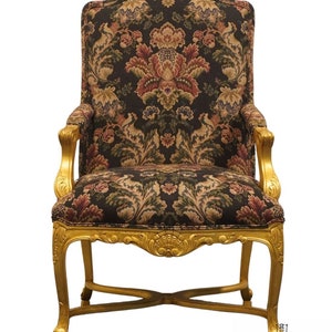 HENREDON FURNITURE Louis XV French Provincial Floral Upholstered Accent Arm Chair w. Gold Painted Frame image 1