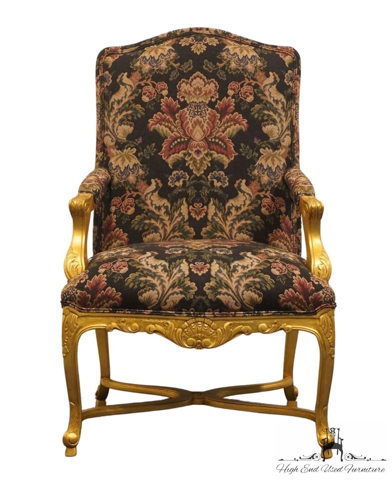 HENREDON FURNITURE Louis XV French Provincial Floral Upholstered Accent Arm Chair w. Gold Painted Frame image 1