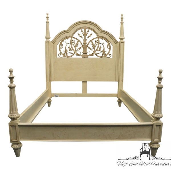 STANLEY FURNITURE Contemporary Modern Transitional Off White / Cream Painted Queen Size Bed w. Fleur De Lis Cartouche 644-23-140