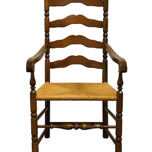 ETHAN ALLEN Heirloom Nutmeg Maple Colonial Early American Ladderback Rush Seat Dining Arm Chair