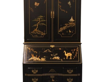 JASPER CABINET Black Lacquered Asian Chinoiserie 35" Secretary Desk w. Bookcase Cabinet Top