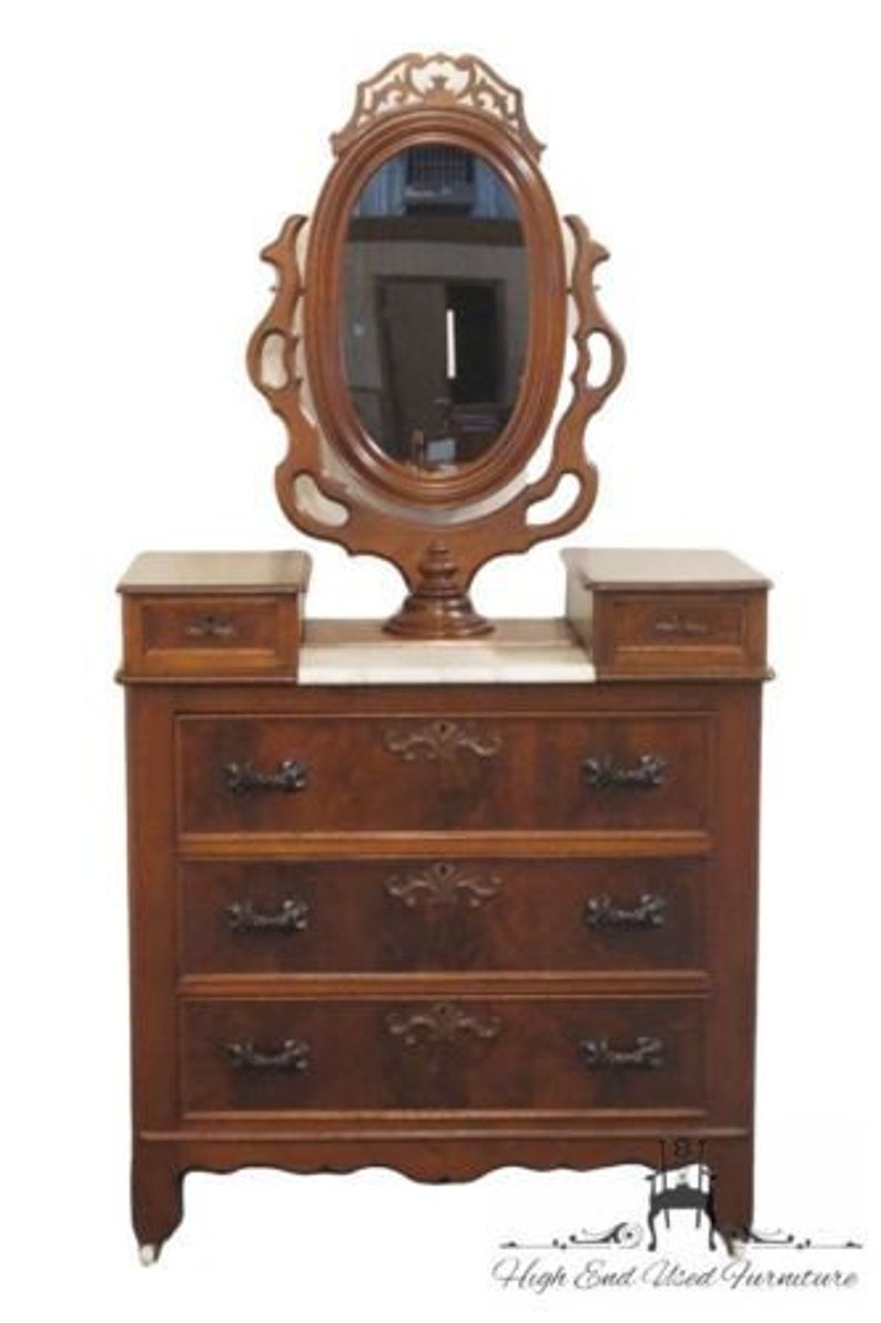 Antique Victorian Walnut Dresser W Marble Top And Ornate Etsy