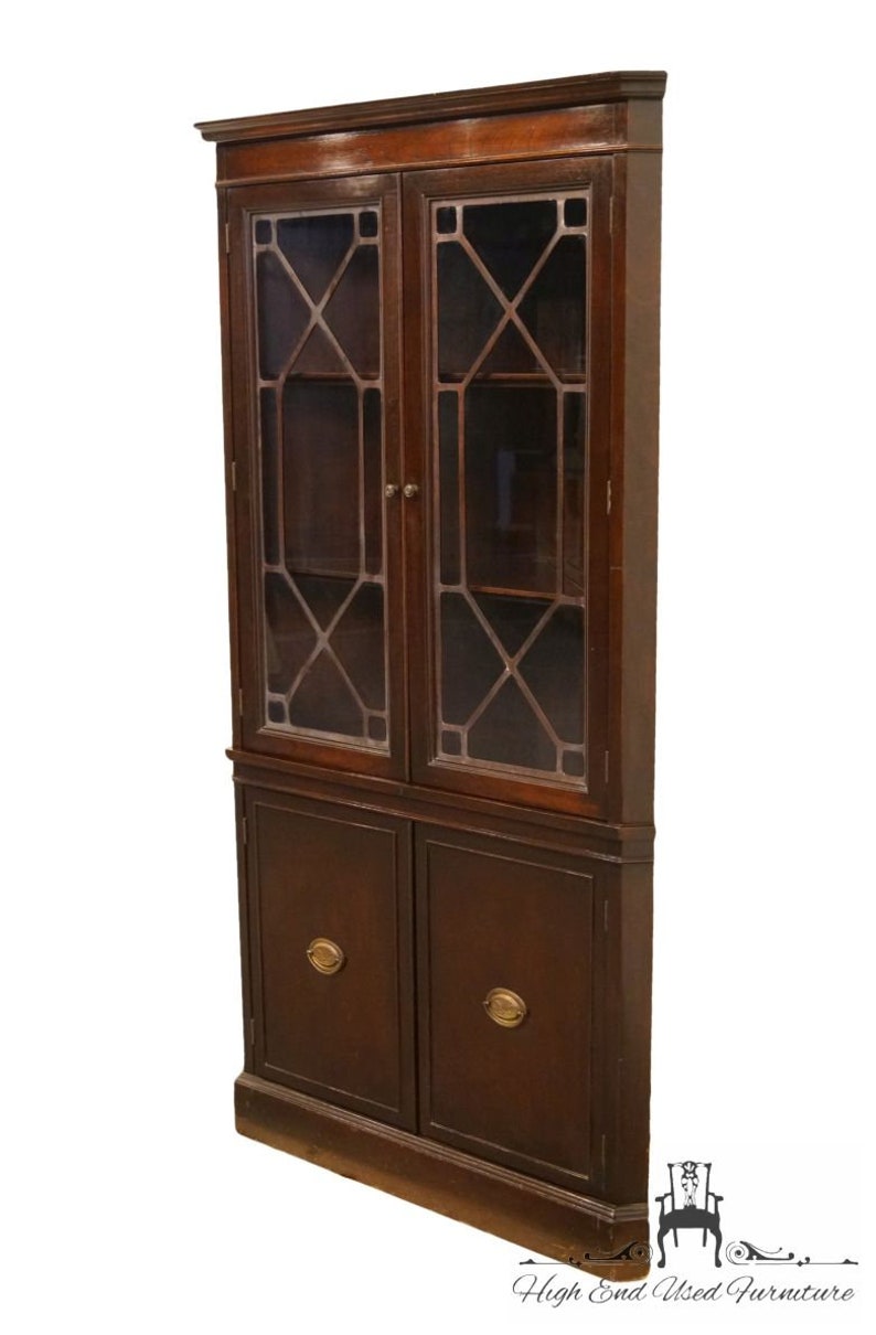 1940 S Antique Duncan Phyfe Corner China Cabinet W Leaded Glass Panes