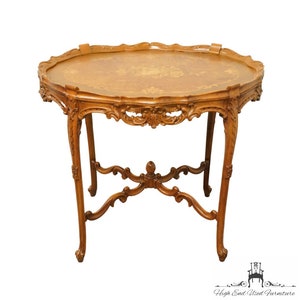 VINTAGE ANTIQUE Louis XVI French Provincial Ornate Carved 32" Accent Table w. Inlaid Floral Marquetry