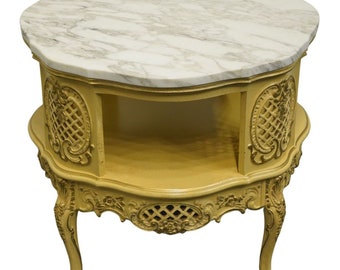 HIGH END Vintage Antique Louis XVI French Provincial Cream Carved 27" Round Accent End Table w. White Granite Top